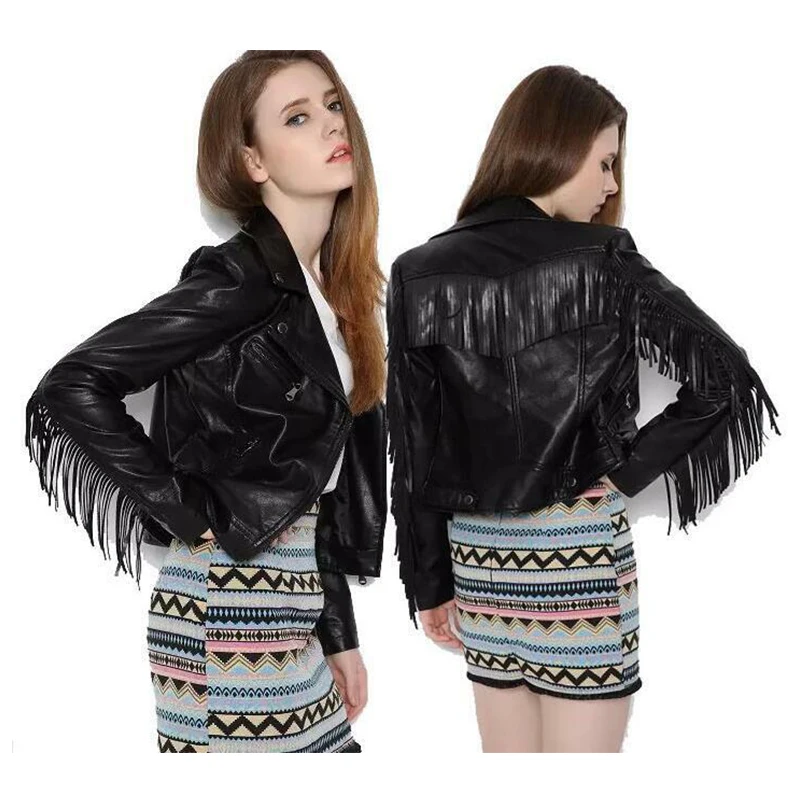 Chaqueta de cuero sintético con flecos para mujer, abrigo corto de locomotora, estilo Punk, motocicleta, otoño|Chaquetas cuero| - AliExpress