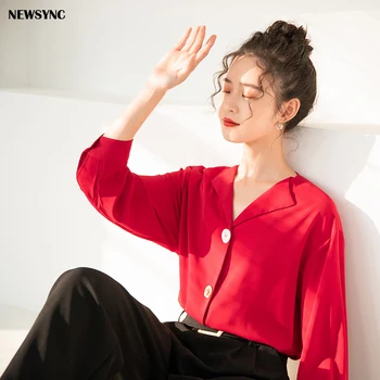 

NEWSYNC Women Shirts 2020 New Summer Spring Ladies Blouses Plus Over Size Slid Color Long Sleeve V-neck Female Tops loose Blouse