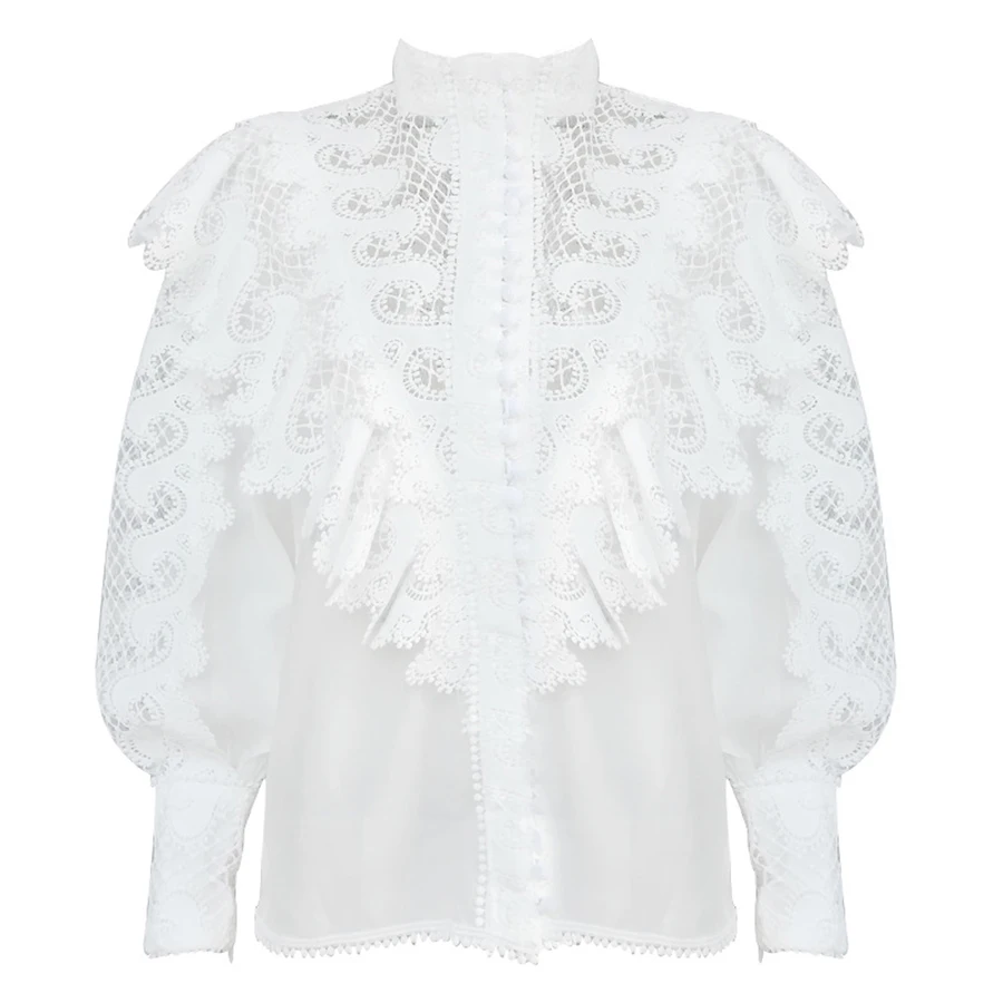 Осенняя однотонная белая женская блузка с геометрическим узором, вышитый топ с оборками, водолазка с рукавами-фонариками, элегантные рубашки - Цвет: white