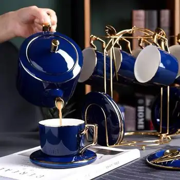 

Nordic Coffee Cup Set Sapphire blue Luxury Creative Gift For Lovers Golden Design Porcelain Simple Afternoon Tea Mug Saucer Set