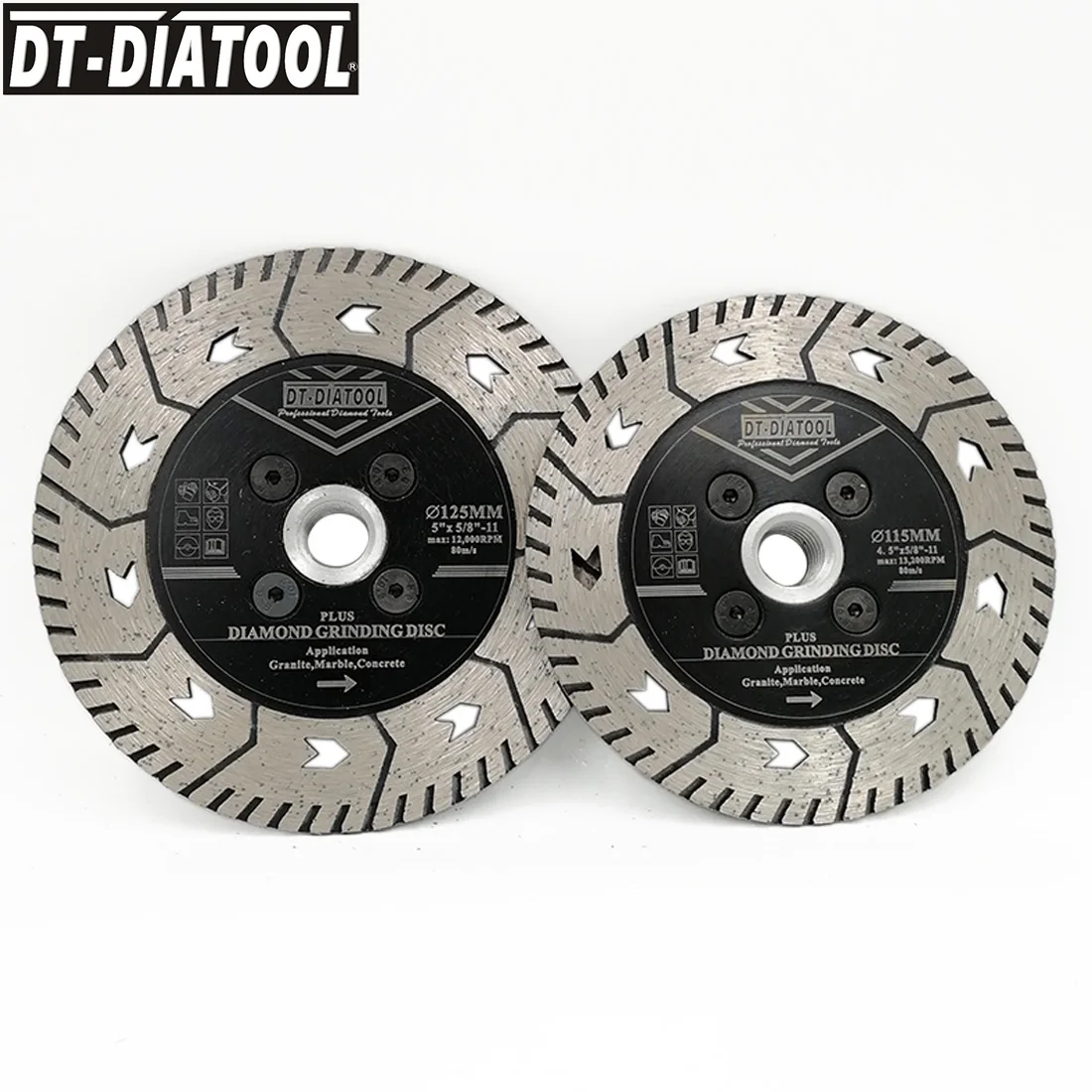 

DT-DIATOOL 2pcs 5/8-11 thread Dia 115+125mm Dual Diamond Cutting Grindng Disc Granite Marble Stone Saw Blade Hot Pressed Blade