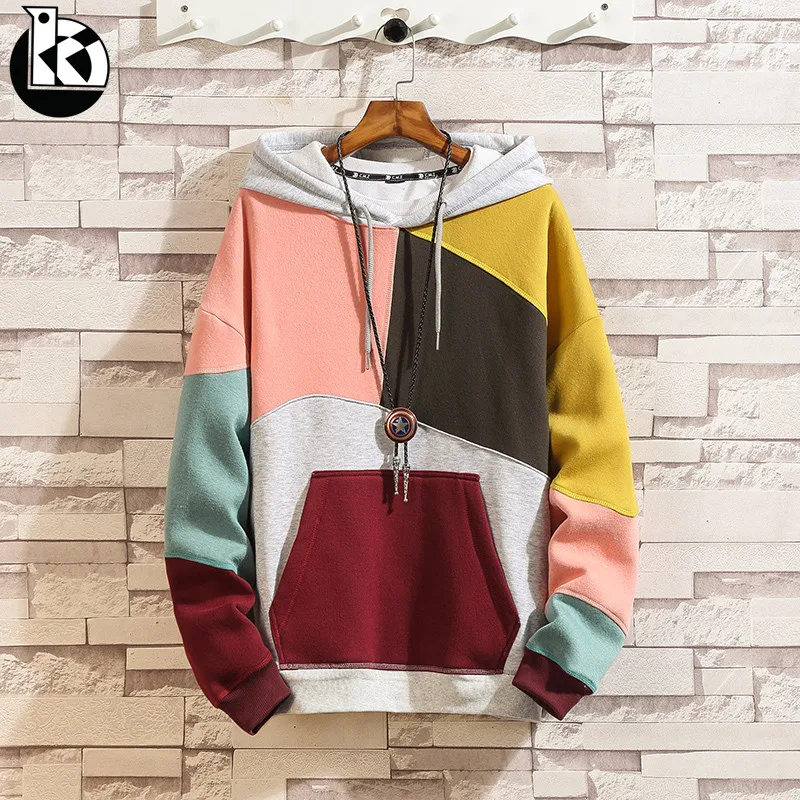 

2019 Winter Large Size Loose Plus Velvet Hooded Long Sleeve Hoodie Men Fashion Casual Creative Color Block Stitching Mens Hoodie