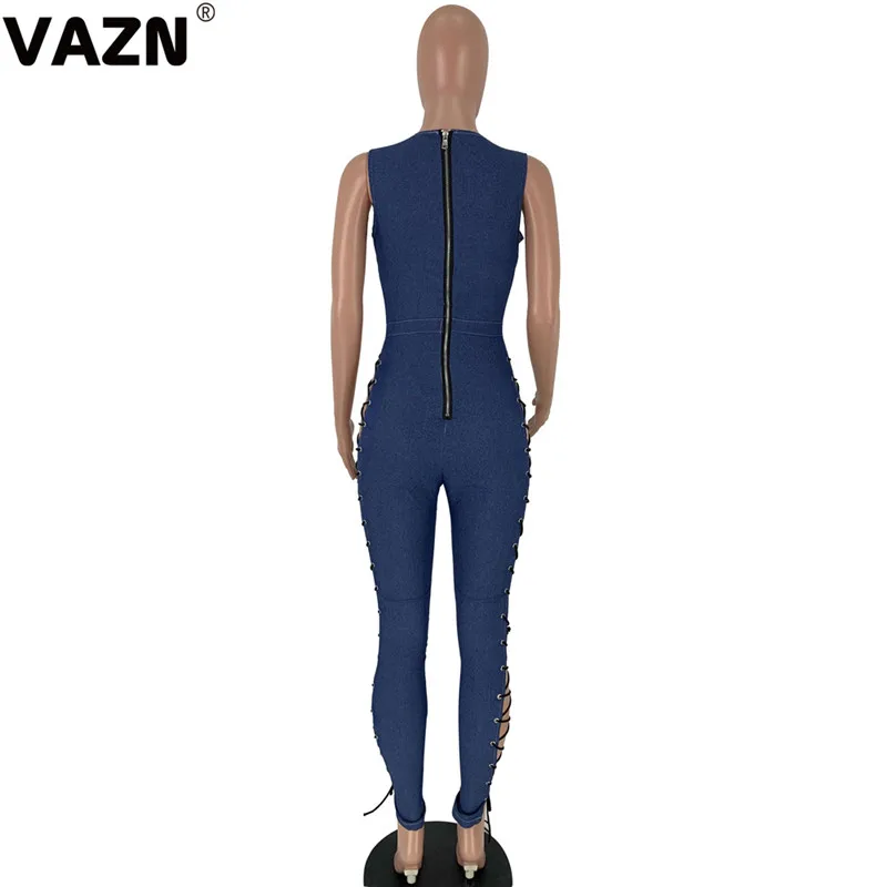 VAZN GFNN18242 drak blue hole bandage high street V-Neck Женский комбинезон без рукавов Короткие штаны комбинезоны сексуальные Клубные Комбинезоны