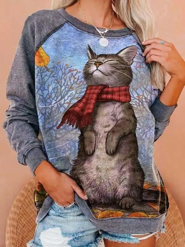 

2020 Autumn Winter New Long Sleeve Kitten Print Loose Oversized Harajuku Hoodie Women's Sweatshirts And Hoodies For Women