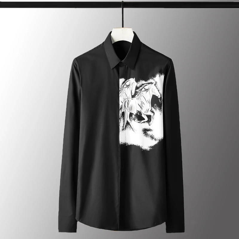 

Cotton Luxury Horse Printed Long Sleeve Mens Dress Plus Size 4xl Solid Color Slim Fit Male Shirts