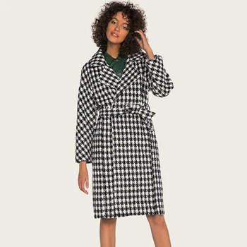 

Women trench long coat Turn-down Collar lapels loose plaid jacket retro thousand bird bird Woolen coat Wide-waisted coat