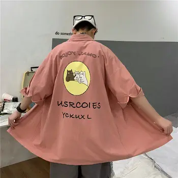 

2020 Men's Pure Color Short-sleeved Hawaiian Shirt Cartoon Printing Shirt Camisa Masculina French Cuff Mens Fashion Shirts