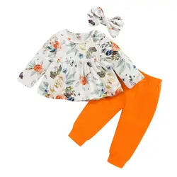 Детские комплекты для маленьких девочек, 3 предмета, футболка с длинными рукавами для девочек, штаны, повязка на голову, топ с принтом