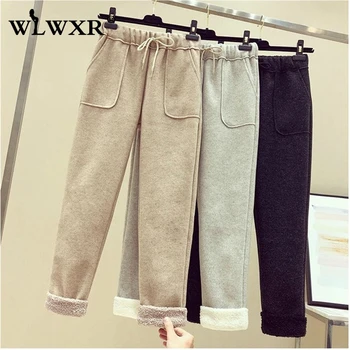 

WLWXR Autumn Winter Thick Fleece Black Sweat Pants Women 2019 Lace Up High Waist Pants Female Casual Ladies Trousers Loose Pants