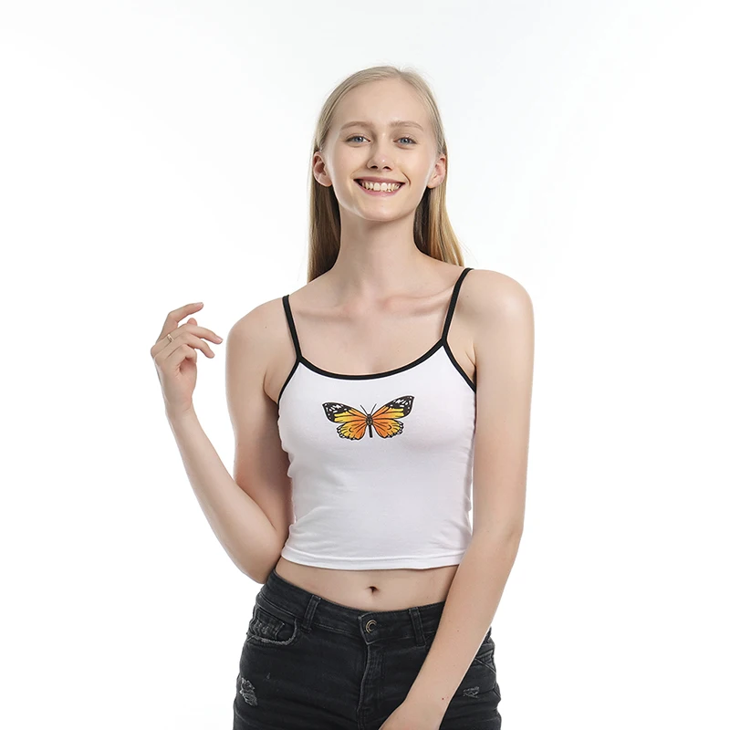 Fashion Sexy Women Tank Tops Vest Summer Short Crop Tops Spaghetti Straped T Shirt Ladies Butterfly Print White Camis