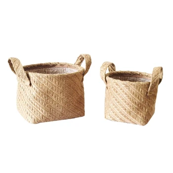 

2Pcs Braided Jute Cloth Flowerpot Storage Basket Cotton Linen Blended Desktop Storage Box Kids Toys Sundries Organizer