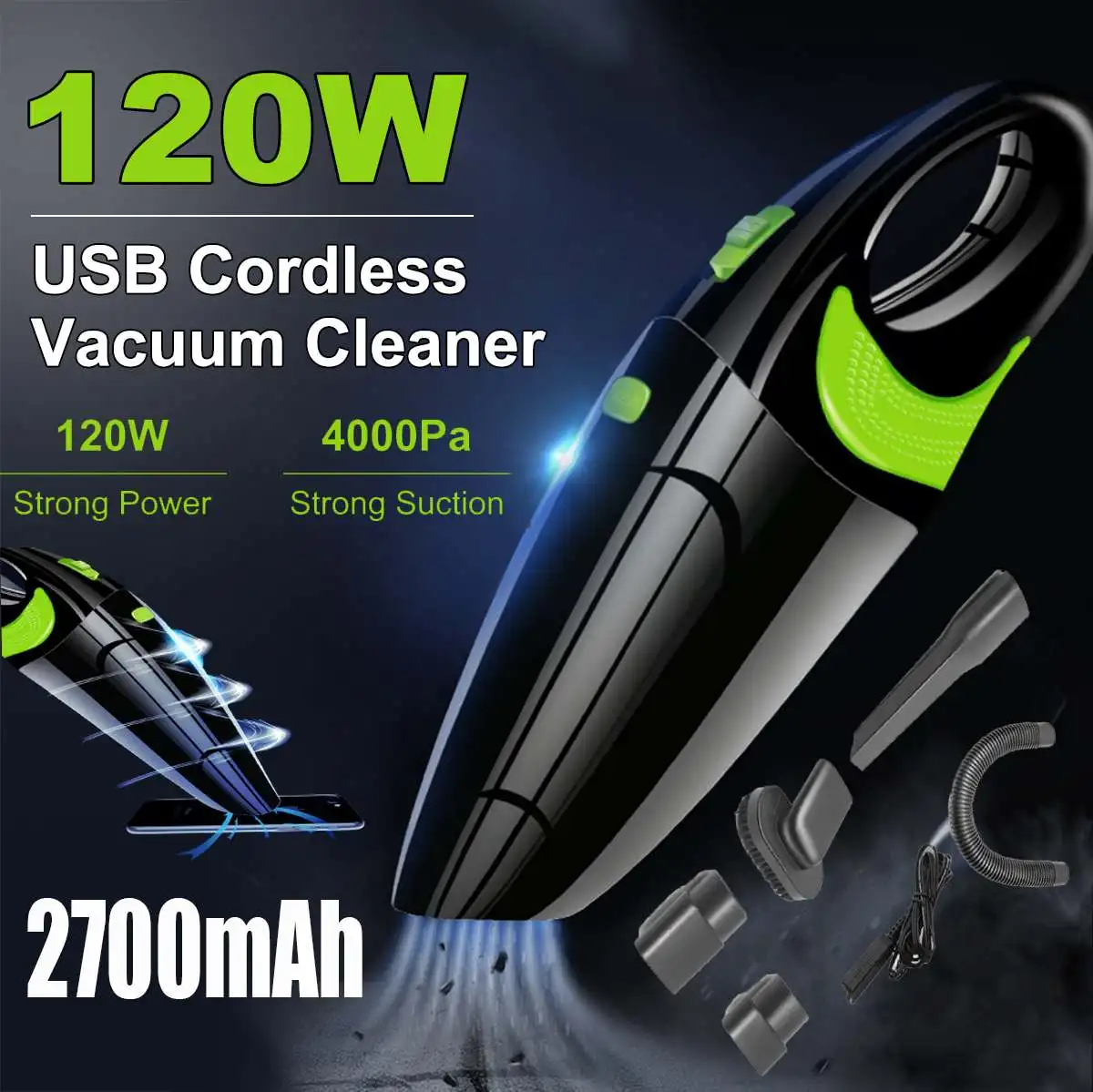 

Powerful Wireless Car Vacuum Cleaner Portable Handheld 120W USB Cordless Wet&Dry Use Rechargeable Home Car Vacuum Cleaner