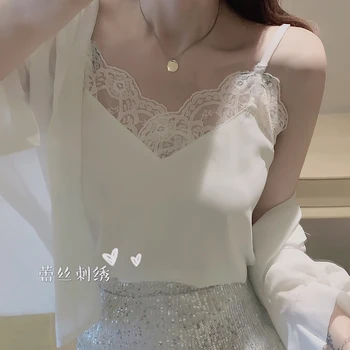 

COIGARSAM 4XL Plus Size Sexy Lace blouse women New Patchwork Spaghetti Strap blusas womens tops and blouses White Black 9141