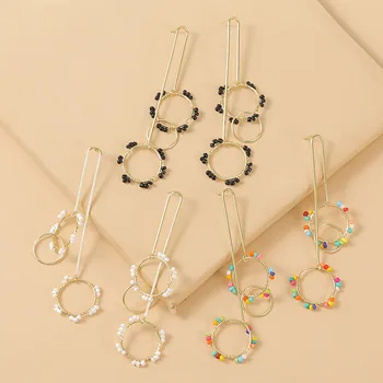 

Bohemian Fashion Dangle Rarrings Geometric Round Long Handmade Rice Bead Earrings for Women Resin Bead Earring Wholesale Jewelry