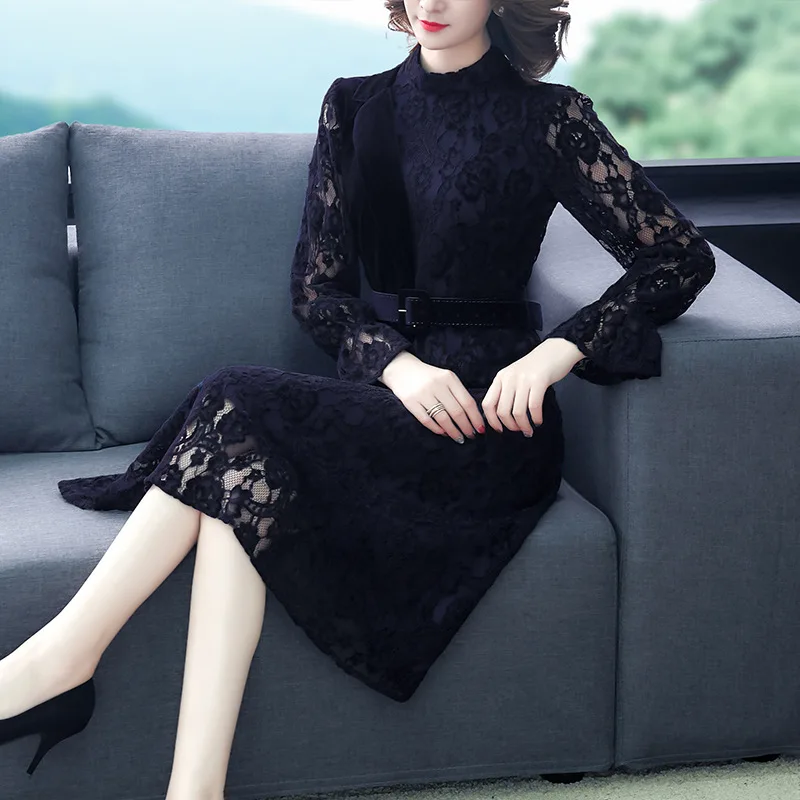 

French Vintage Lace Dress Female Autumn 2019 New Style Photo Shoot Base Skirt Autumn And Winter