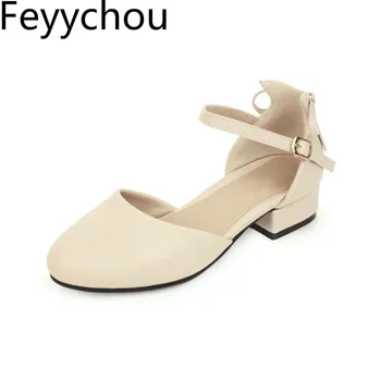 

Women Pumps Low Heel Shoes Round Toe Spring Autumn Buckle D'Orsay Two-piece Thick Heel 2019 New Sexy Fashion Casual White Pink