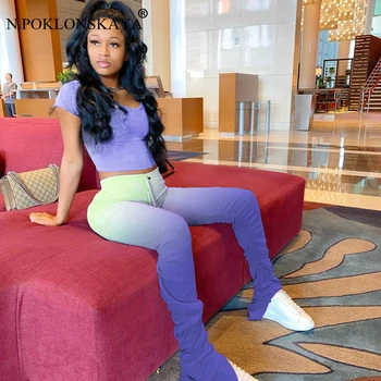 

N.POKLONSKAYA Two-piece set Women Gradient Colour Crop Top and Trouser Split Flare Pants Stacked Leggings Joggers Women's Suits