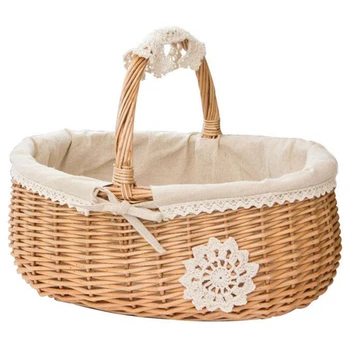 

Wicker Basket Rattan Storage Basket Box Picnic Basket Fruit Flower Baskets and Handle and White Liner for Camping