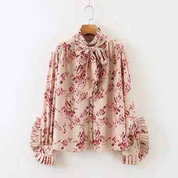 

New women pleated ruffles design floral print casual chiffon shirt office lady spring bow blouse roupas chic chemise tops LS6337