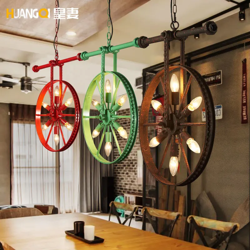 

Loft Retro Industrial Wind Personality Restaurant Bar American Country Iron Bar Art Chandelier Wheel luminaria pendente