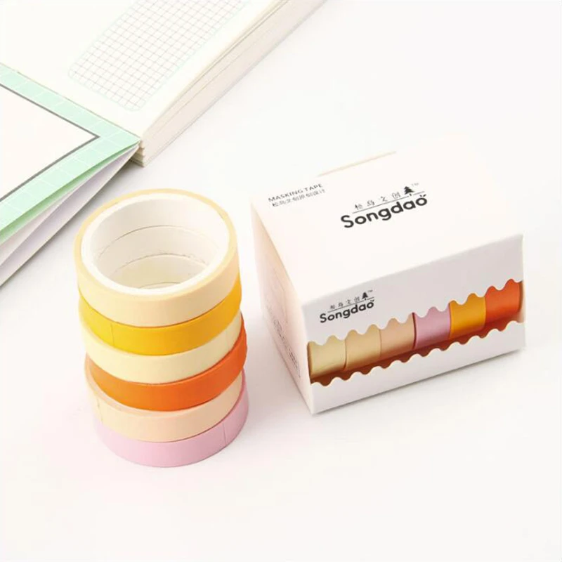 Simple Solid Color Washi Masking Tape Sticky Decorative Paper Tape Set DIY Decoration Office Stationery Scrapbook 6PCS/Bag