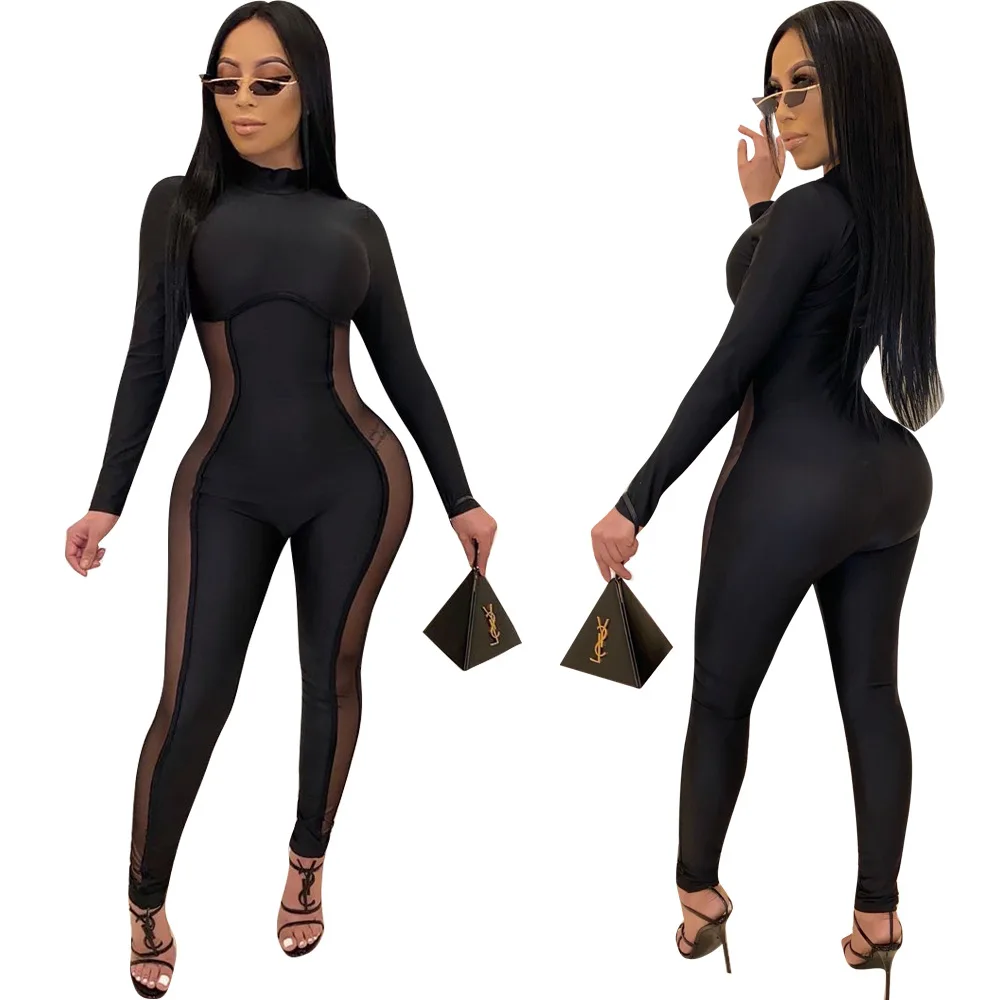 Adogirl лоскутный Облегающий комбинезон для женщин Jumpstui сексуальный прозрачный водолазка узкие брюки комбинезон женский повседневный наряд для ночного клуба