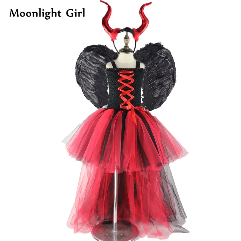 Детское платье-пачка для девочек черного и красного цвета с изображением злой королевы детская одежда с крыльями и рогом костюм на Хэллоуин платья для девочек MK057