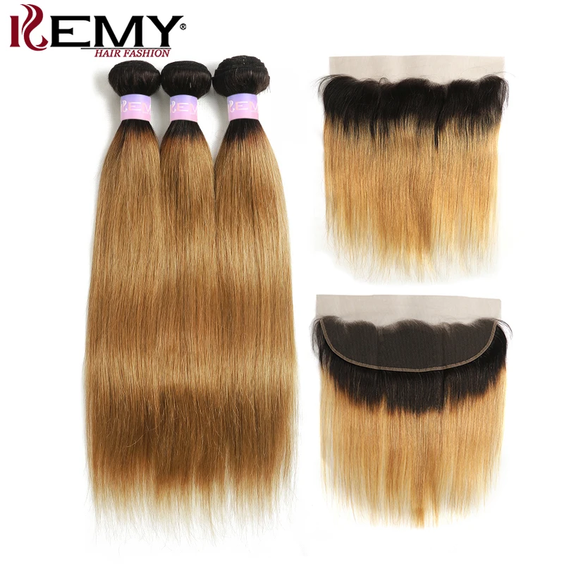 Brazilian Brown Straight Human Hair Bundles With Closure 1B/27 Ombre Color 3 Bunldles With Lace Frontal 13x4 KEMY HAIR Non-Remy