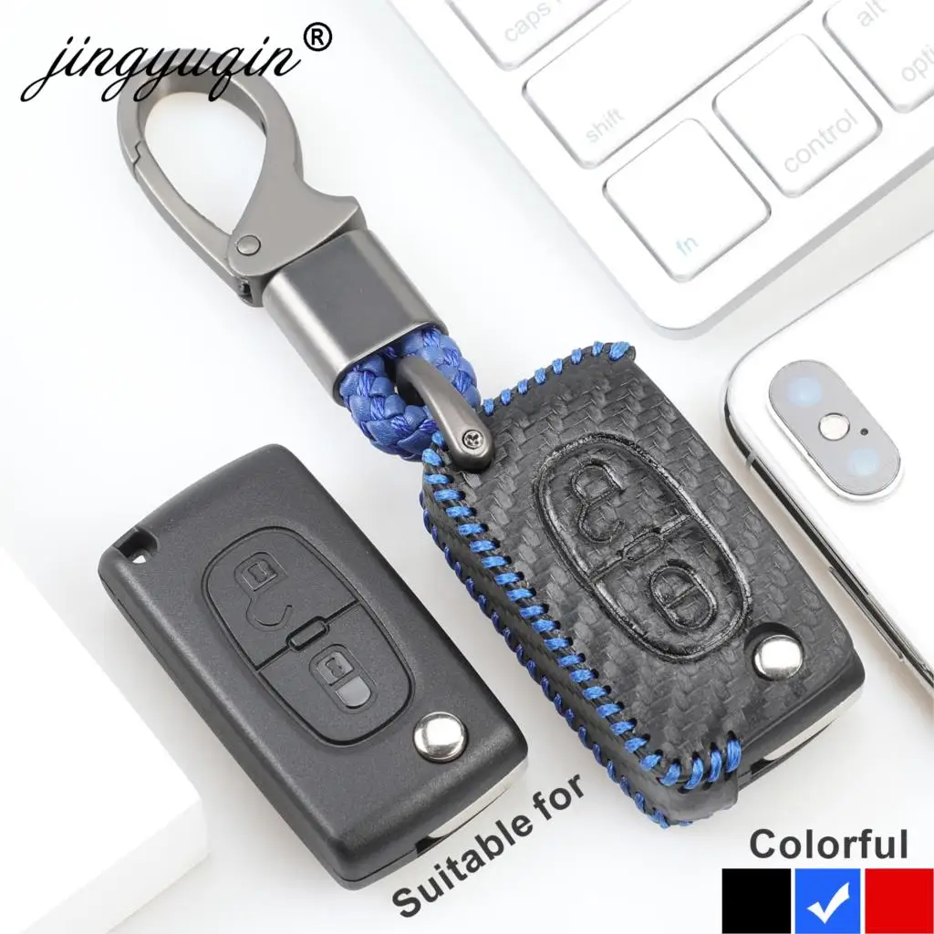 

2 buttons Leather Car Key Case For PEUGEOT 207 307 308 407 408 Picasso Citroen C3 C4 C4L C5 C6 Protector Cover Carbon Styling