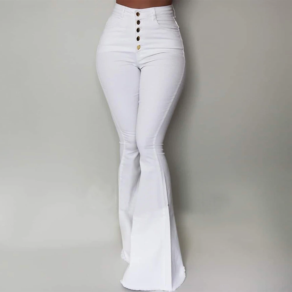 

Adisputent 2020 White Bell-Bottom Pants Women Button High Waist Flare Pants New Slim Casual Solid Color Work Wear Pantalon Femme