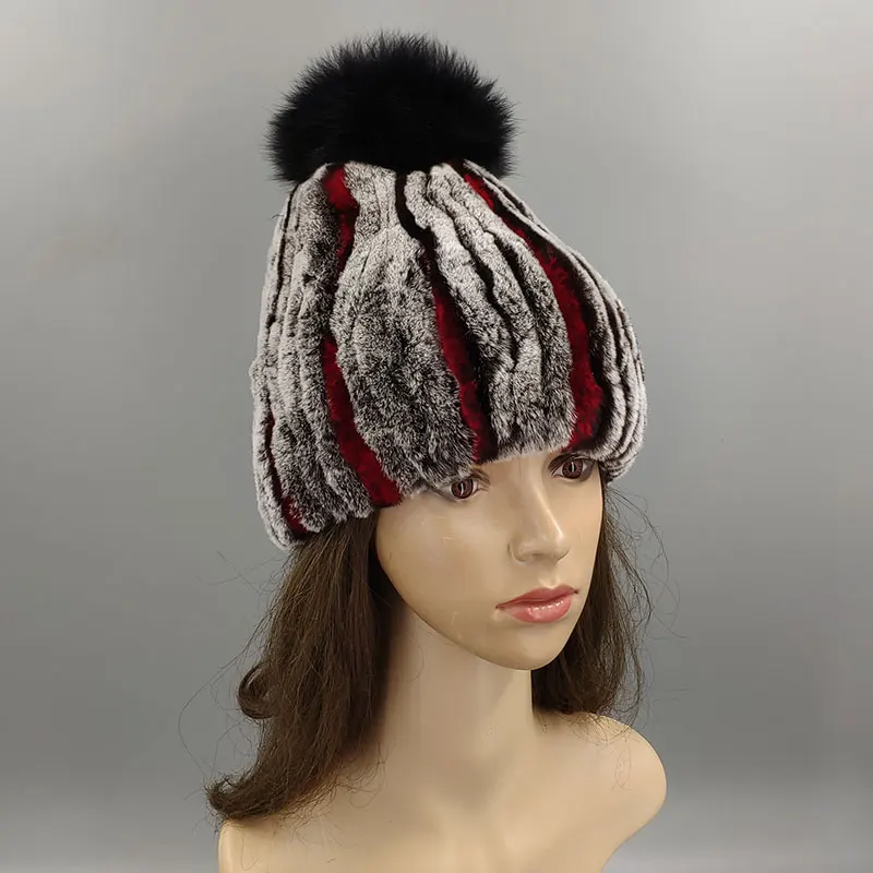 Женская шапка из кроличьего меха с натуральным лисьим мехом, зимние шапки, шапки, шапка, ручная работа, теплые черепа, градиент, эластичный женский головной Убор - Цвет: 23