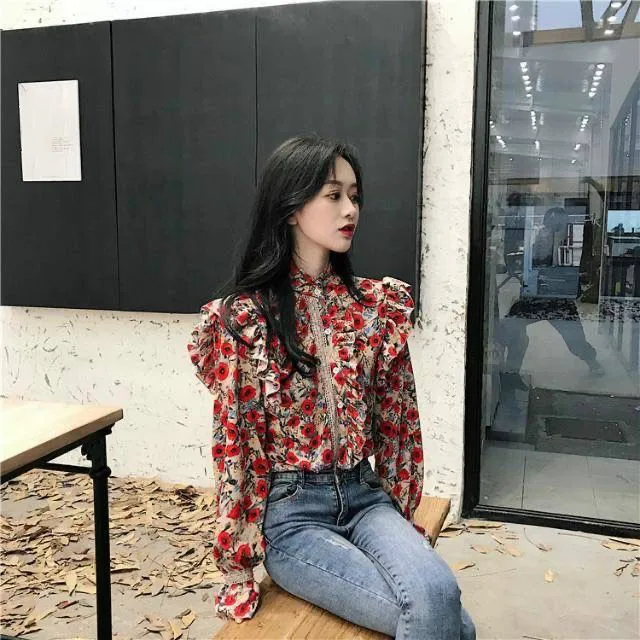 Women 2020 spring Vintage Floral Shirt Long Puff Sleeve Stanf Neck Blouse Single Breasted female Korean Elegant Blusas Tops 5