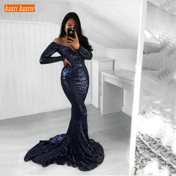 

Trendy Dark Navy Off The Shoulder Evening Gown V Neck Sequined Mermaid Evening Dress Long Sweep Train Women Formal Dresses Party