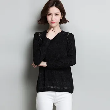 

Spring Autumn Women Thin Knitted Black Sweaters Mesh Lace Embroidered Sweater Ladies Pullovers Sweet Cute Female Knitwear Loose