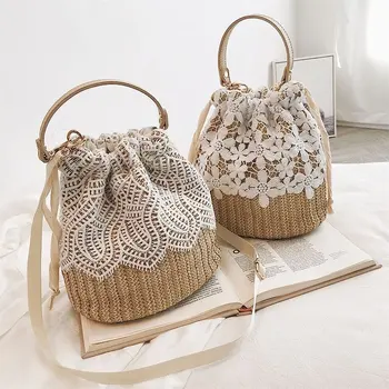 

Summer Straw Bag 2019 New Bucket Bag Woven Female Bag Korean Version of The Lace Shoulder Slung Portable Beach Bags Bolsos Mujer