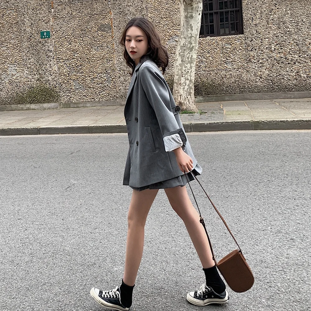 

INS Suit Set 2019 Autumn New Style Korean-style WOMEN'S Wear Retro Young-Style Coat + Pleated Skirt Two-Piece Set