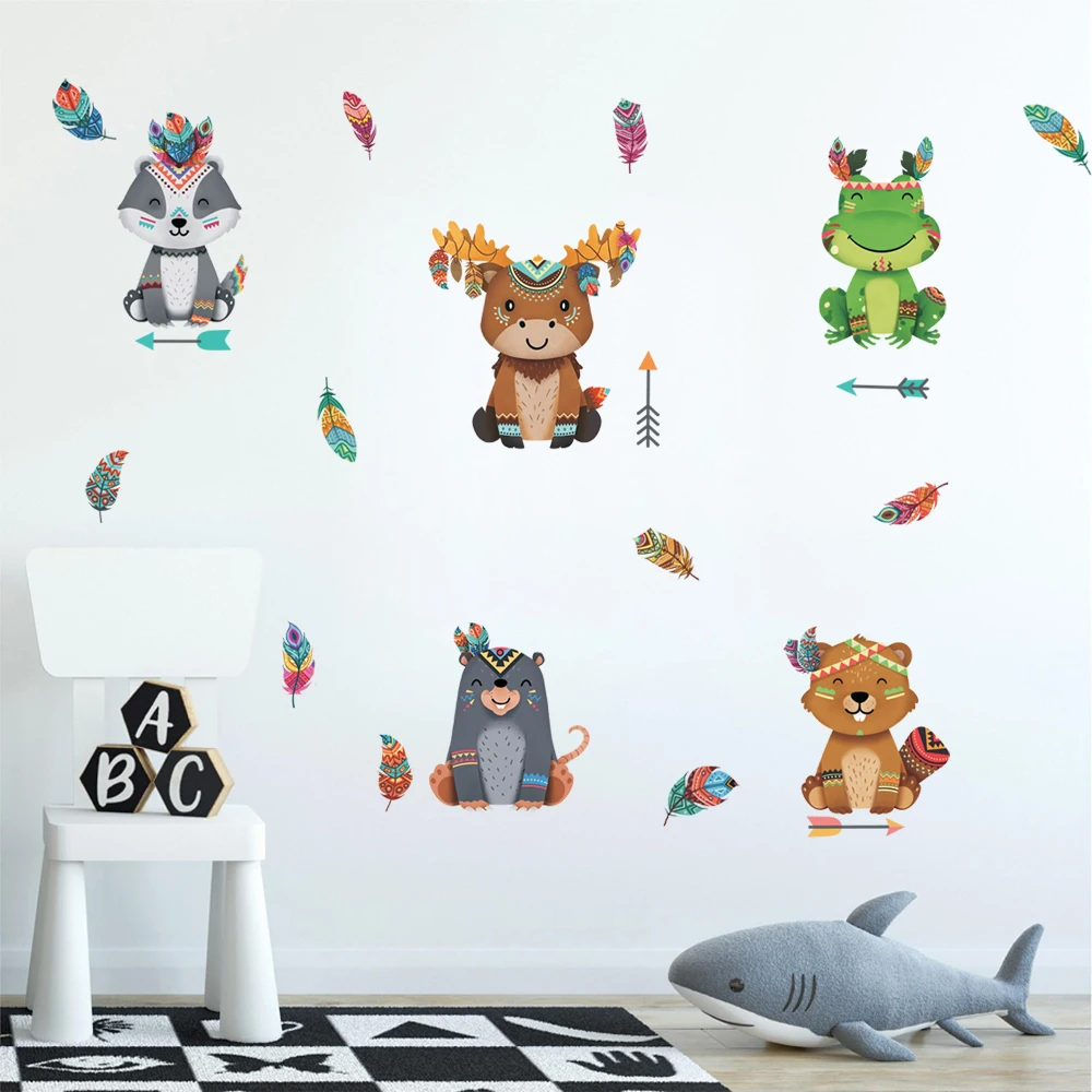 Lovely Cartoon Tribal Animal Wall Sticker For Kids Room Bedroom Bear Deer Squirrel Owl Vinyl Decal Home Decor Nordic Funny Mural | Дом и сад