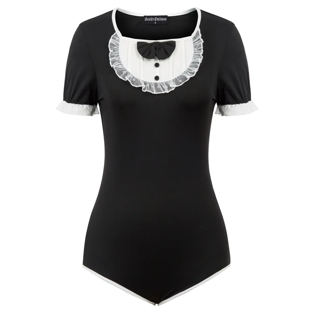 

sexy retro bodysuit Women ladies female Bow-Knot & Bib fitting slim party Bodysuit Short Sleeve Contrast Color clubwear jumpsuit