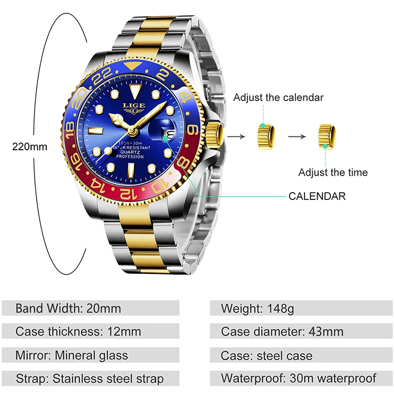 LIGE Men's Watches Quartz Wrist Watches Top Brand Luxury Stainless Steel Watch for Men Waterproof Calendar Clock Male Wristwatch 3