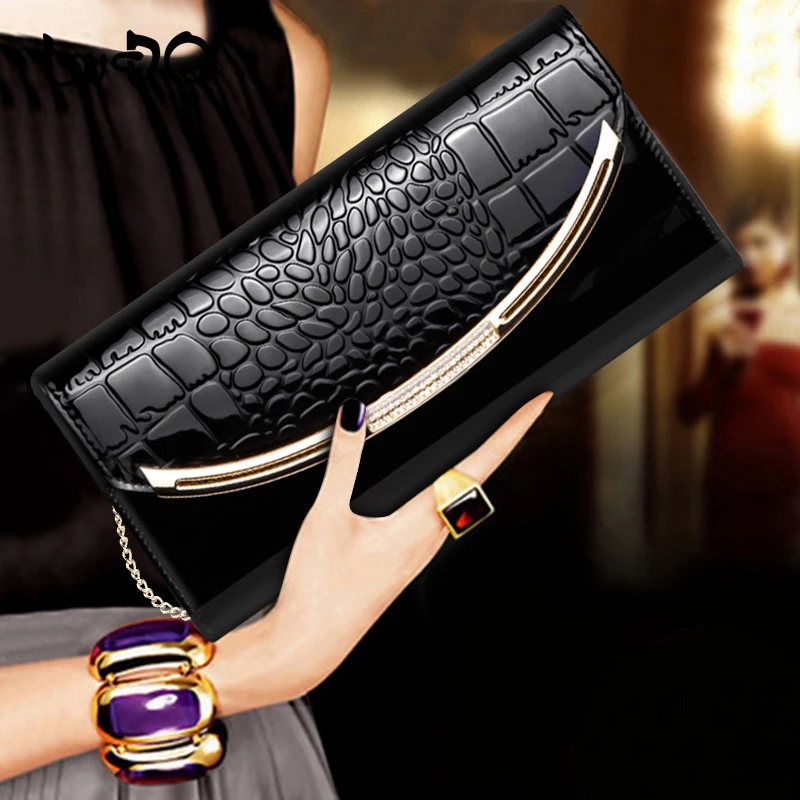 LUCDO Brand Designer Genuine Leather Women Long Wallet 3 Fold Large Capacity Patent Leather Wallet Luxury Coin Purse Card Holder