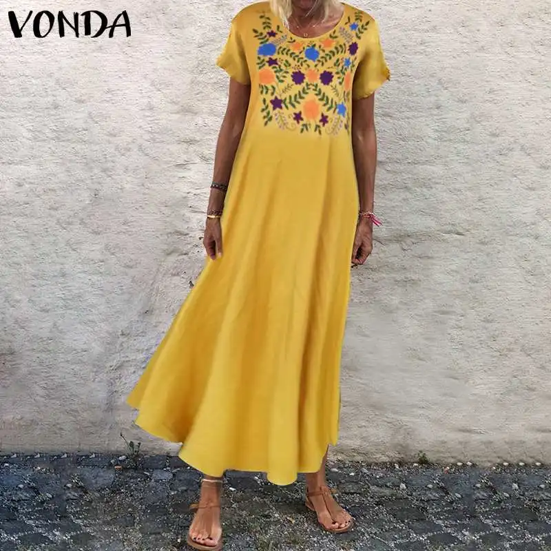 

VONDA Plus Size Maxi Long Dress Women's Summer Sundress 2019 Vintage Casual Short Sleeve Printed Dresses Beach Bohemian Vestido