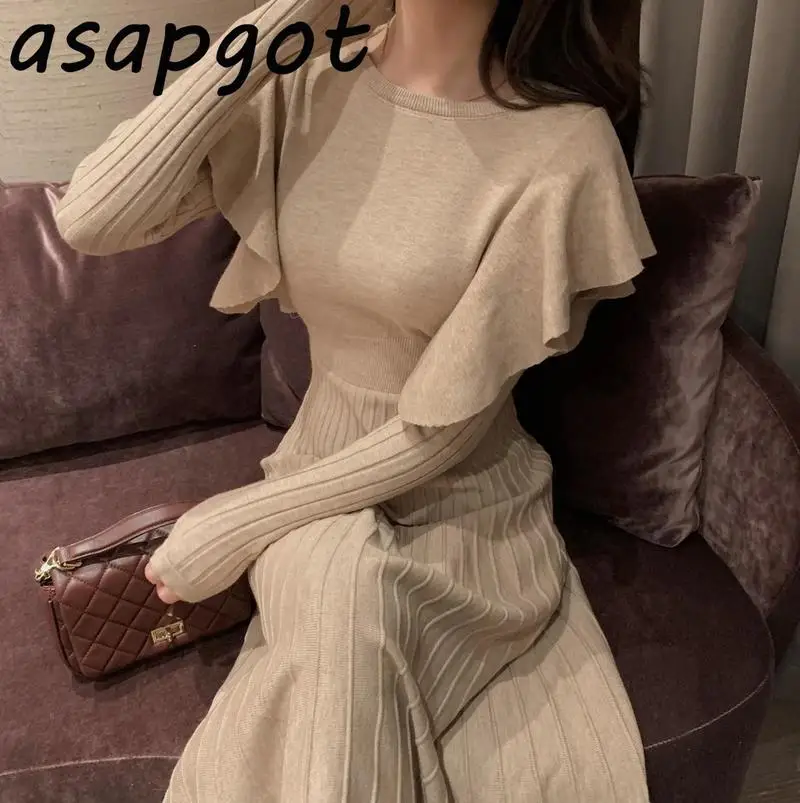 One-Piece Knitted Sweater Dress Korean Women Ruffled Waist Dresses 2021 Autumn Knitt Midi Pleated | Женская одежда