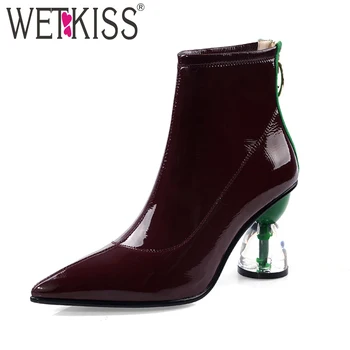 

WETKISS Strange Style High Heels Ankle Boots Women Stitching Cow Leather Booties Pointed Toe Party Shoes Female Shoes Ladies New