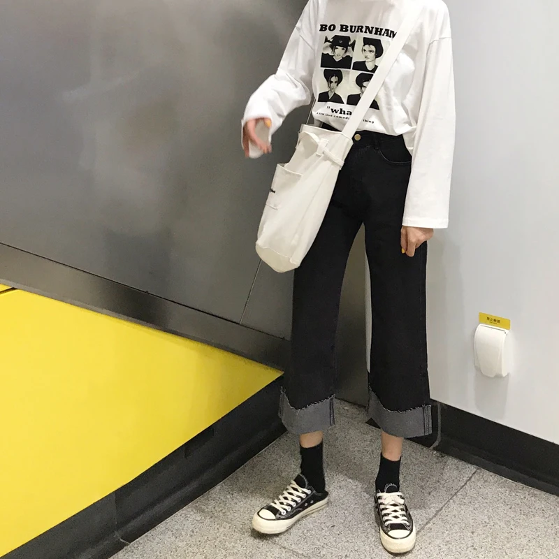 Джинсы женские Harajuku корейский стиль Свободные Студенческие универсальные Простые повседневные женские брюки с высокой талией длиной до щиколотки