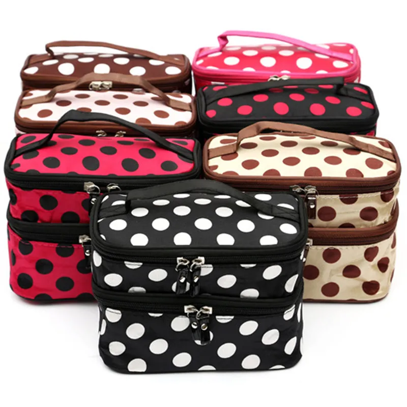 New Cosmetic Bag Fashion Multi-function Travel Polka Dot Double Layers Big Toiletry Organizer Storage Makeup Bag Case
