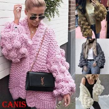 

Women's Long Puff Sleeve Thick Sweater Jacket Knit Cardigan Jacket