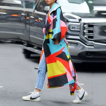 

New Fashion Turn Down Collar Geometry Print Long Full Trench Coat for Women V521