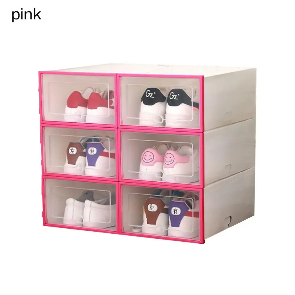 6 шт флип коробка для обуви утолщенный прозрачный ящик чехол Пластиковые обувные коробки Стекируемый ящик органайзер для обуви стеллаж хранение обуви - Цвет: PinkS