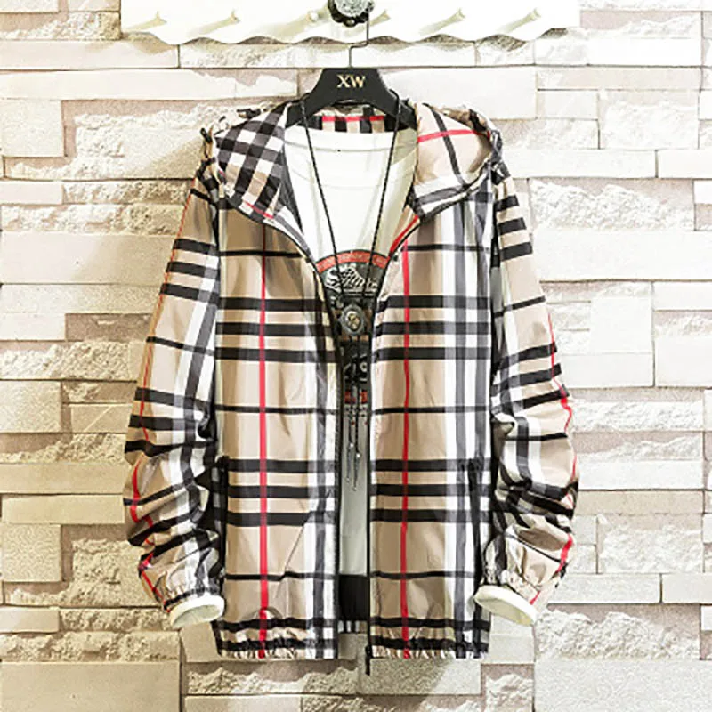 Men Fashion Youth Korean Version Leisure Stripe Lattice Hooded Jacket Outdoor Sports Loose Comfortable Slim Trend Jacket Men