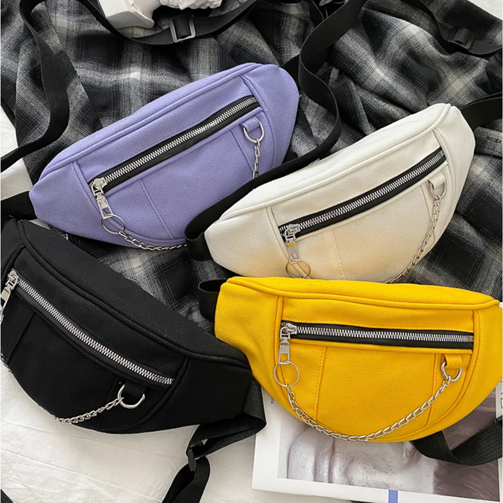 Chain Women's Fanny Pack Canvas Waist Bag Shoulder Crossbody Chest Bags